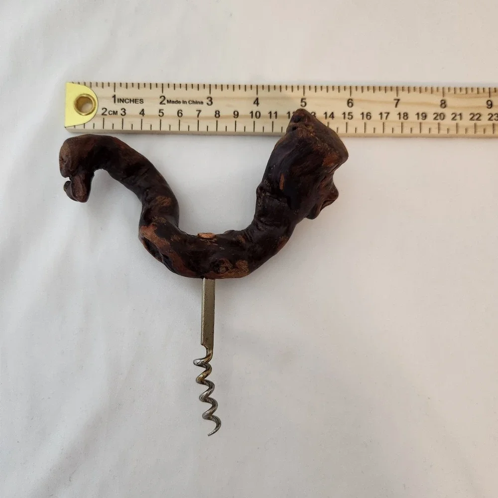 Vintage Hand Carved Wood Handle Corkscrew Rustic Folk Art Grapevine Root Style